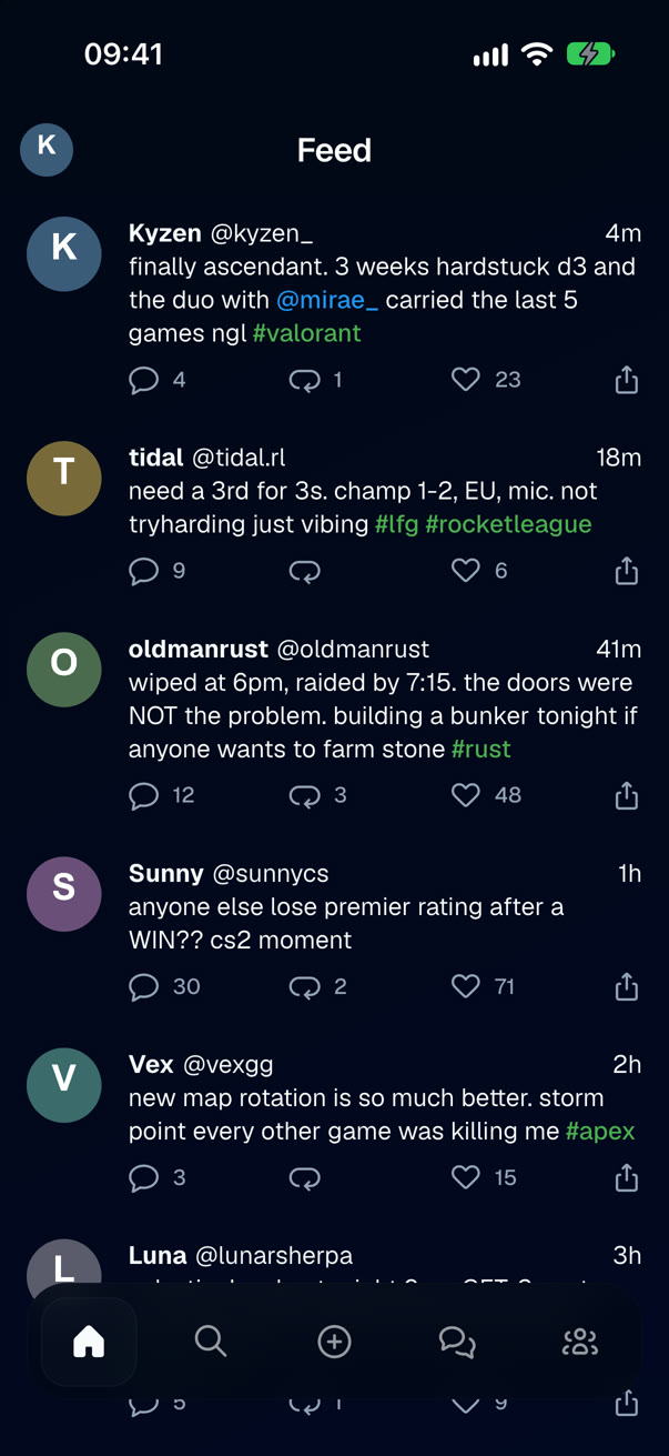 The Matzy feed on an iPhone, showing short posts from players about Valorant, Rocket League and Rust