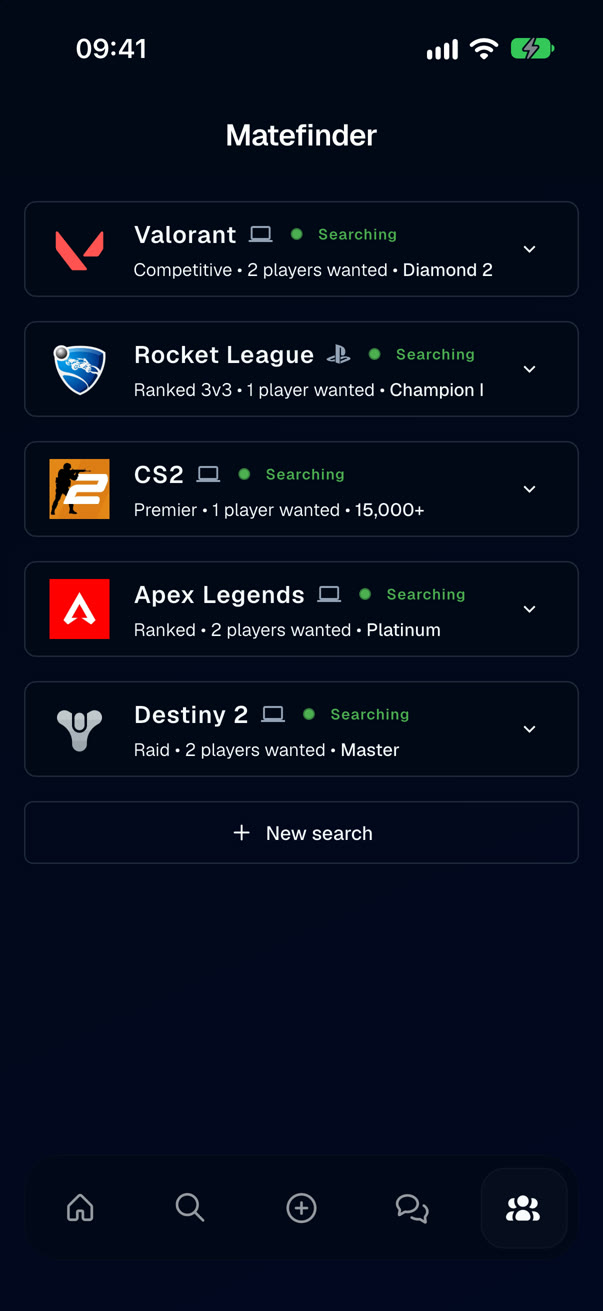 The Matzy player finder on an iPhone, with searches for Valorant, Rocket League, CS2, Apex Legends and Destiny 2 showing mode, players wanted and rank