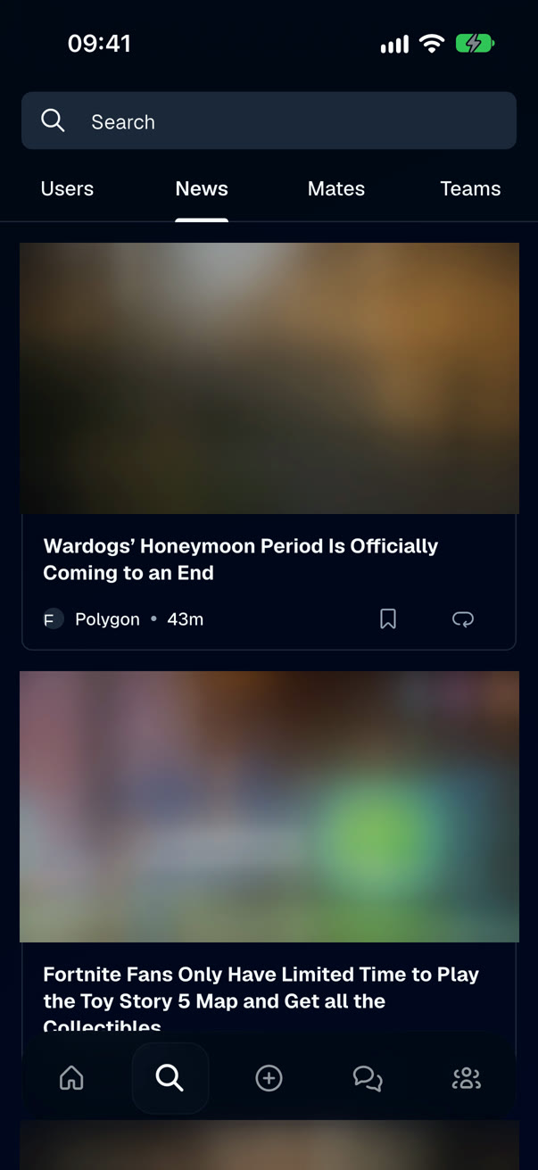 The Matzy news screen on an iPhone, listing gaming news articles
